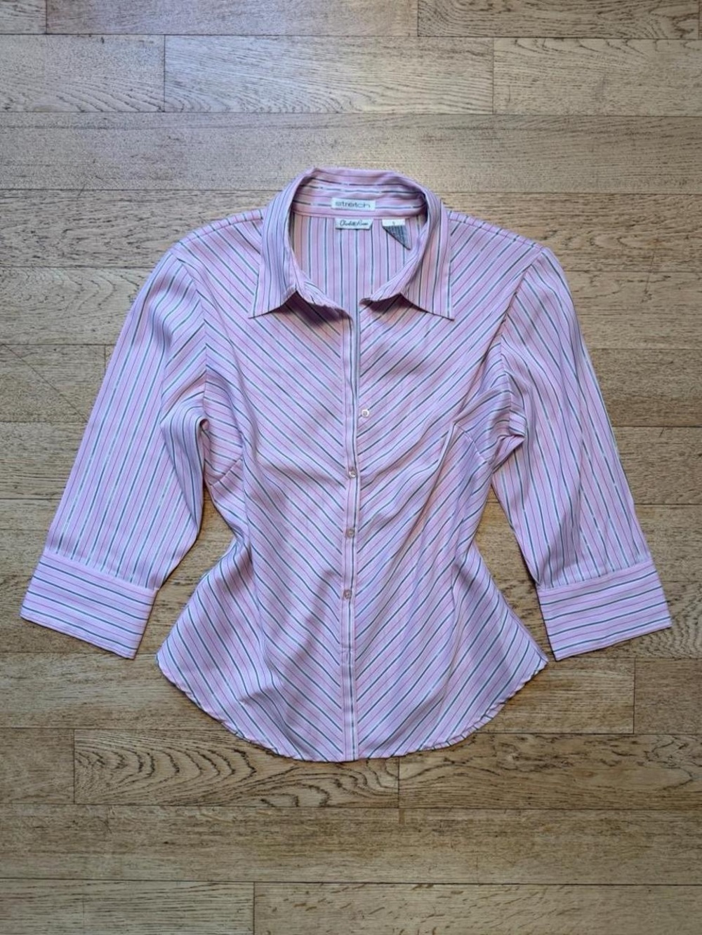 Y2K Charlotte Russe Pink Striped Fitted Button-Up 2000s Office Siren Blouse